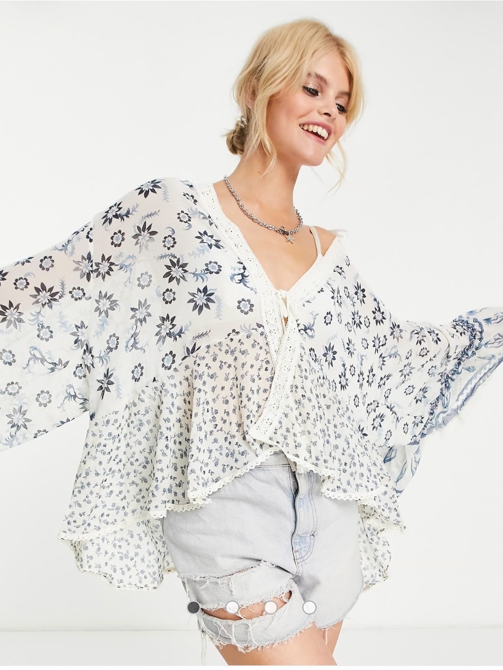 Free People Cream Floral Lace-Trim Kimono in Blue and White